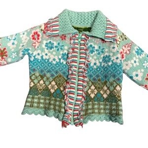 Oilily Wool Fair Isle Floral Zip Cardigan Baby Girl Size 80 (9-12 M) Ruffle Trim
